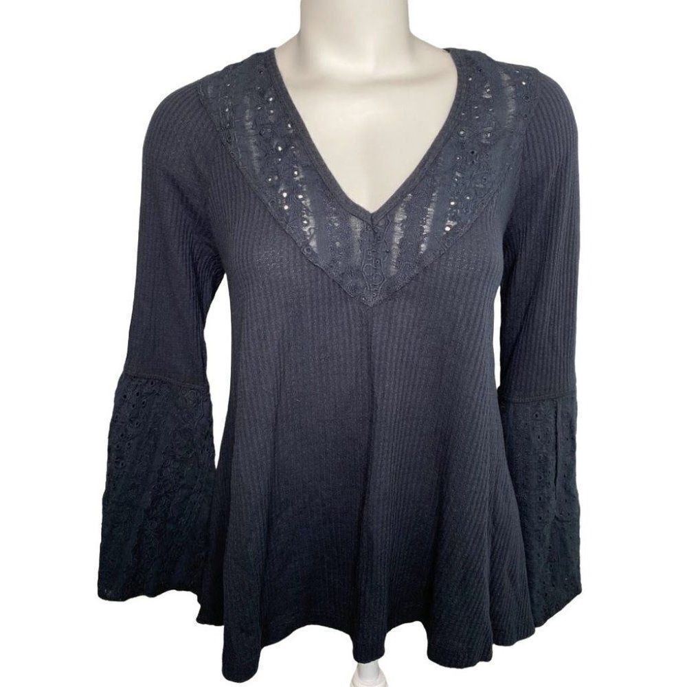 Free People Embroidered Top SMALL Black Bell Sleeves V-Neck NEW